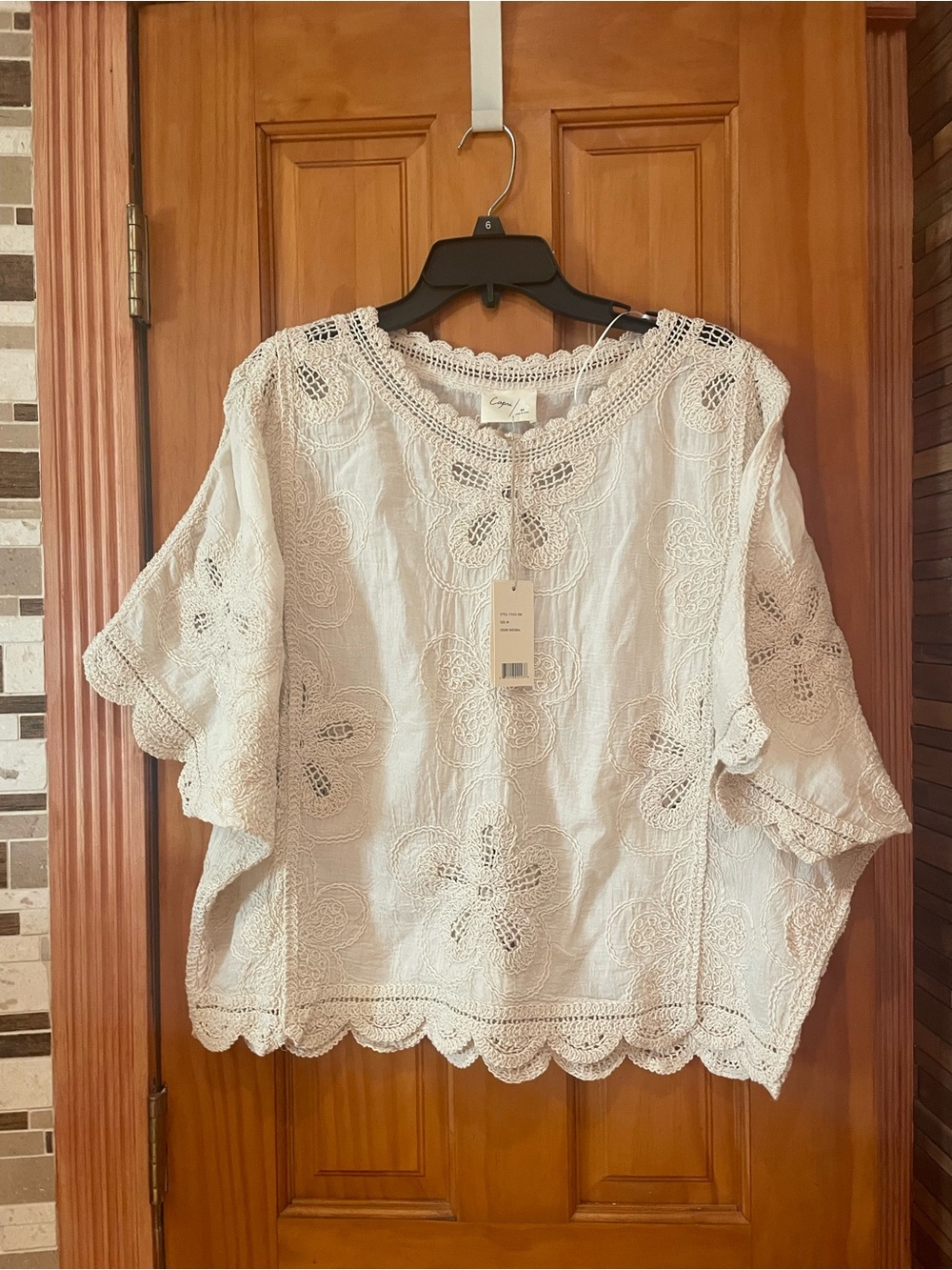 Crochet Eyelet Short Sleeve Blouse - Cream- oversized